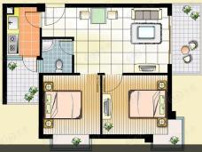 闰垣国际A2户型两室两厅一卫64.3㎡户型图