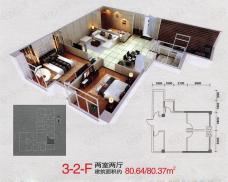 海璟国际在售3-2-F户型模型 两室两厅户型图