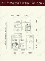 盛世东方C1三室两厅两卫两阳台约115.68m²户型图