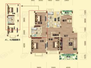 黄冈恒大滨江左岸A 3室2厅2卫118.75-130.87户型图