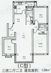 怡泰家苑房型: 三房;  面积段: 128 －130 平方米;户型图