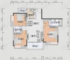 德云华城B-3、B-4户型标准层3室2厅2卫1厨101.11㎡户型图