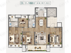 书香一品建面约132㎡户型户型图