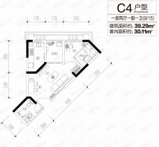 国际家纺城C4户型 一房两厅一厨一卫 建面39.29平米 套内30.11平米户型图