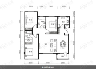 万田·牡丹花园洋房Y1-3户型：三室两厅两卫户型图