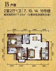 莱茵小城在售7、10、14、15号楼B户型 两室两厅户型图