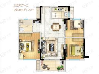 建总领筑79㎡三房户型户型图