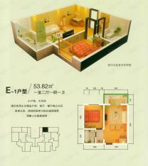 哈佛印象哈佛印象1室2厅1卫53.82平米E-1户型户型图