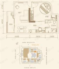 华贸中心F户型09/16号1房2厅1卫户型图