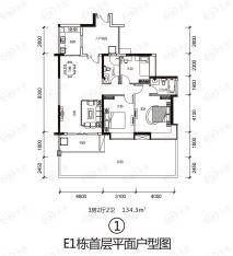 富力现代广场E1栋1户型首层-三房二厅二卫户型图