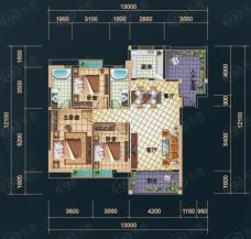 样板2号楼B2户型三房两厅两卫户型图