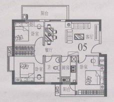 江南美景花园二期三房一卫05单元-87至95平米户型图