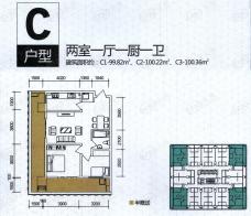 星舍在售C户型 两室一厅一厨一卫 分区明确 餐客一体 双阳台 布局紧凑户型图