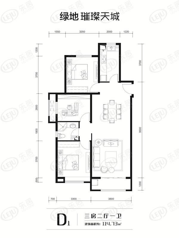 绿地璀璨天城三居室户型图一览