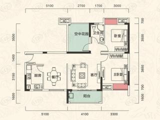 碧桂园中萃公园A2-2新户型2室2厅1卫1厨户型图