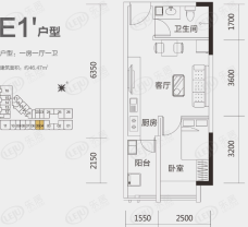 大隆财富广场E1户型 46.47㎡一房一厅一卫户型图