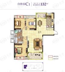 名流公馆白铃谷C1户型 3室2厅2卫户型图