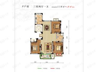 上东水郡伯城F户型-118+4㎡三室两厅一卫户型图