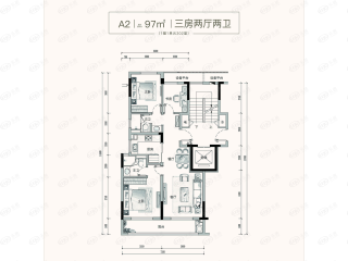 铂悦湾建面约97㎡三房两厅两卫户型户型图