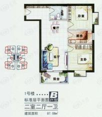 时代家园1号楼B户型 2室2厅1卫1厨户型图