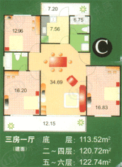 新普盛公寓房型: 三房;  面积段: 113 －143 平方米;户型图