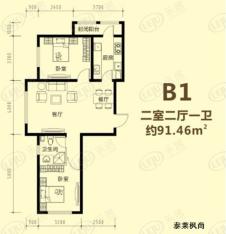 泰莱枫尚B1户型 两室两厅一卫户型图