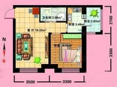 东侨国际一居一厅使用面积35.03平方米户型图