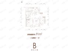 芦台富力城B户型-91㎡-三室两厅一卫户型图