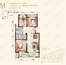 保利溪湖林语M户型 三室二厅一卫户型图