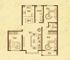 丽景盛园C2户型 3室2厅2卫 124.00㎡户型图