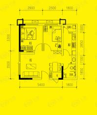 国际家纺城二期A6幢标准层6a户型两室两厅一卫45.71平米户型图