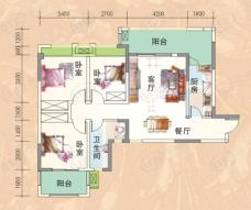 大邑香槟城A2型 三室两厅一卫 105平米户型图