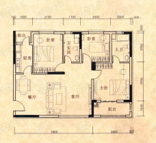 吉东托斯卡纳E1户型三室两厅两卫120.45-124.76平户型图