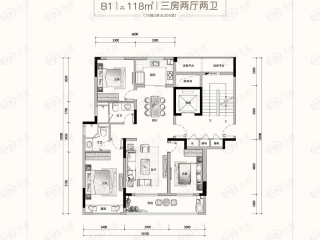 龙湖金帝·天汇建面约118㎡3室2厅2卫边套B1户型户型图