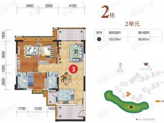 东江香域2栋2单元120平米三房二厅二卫户型图