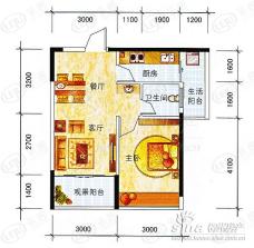 沃德梦想A-3型：1房2厅1卫户型图