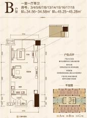协信城8号楼B户型 一室一厅一卫 建面：45.25-45.28平米户型图