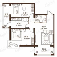 观澜宝邸A2户型两室两厅一卫户型图