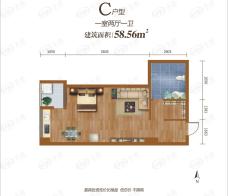 学府公馆一室两厅一卫58.56平米C-户型户型图