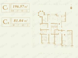 万锦云玺C1户型、C3户型：一室二厅一卫 建筑面积：81.04㎡户型图