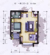 动力院景A区A2户型 一室二厅一卫 53-55㎡户型图