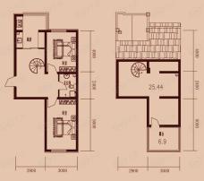 凯怡西城秀墅二室一厅一卫，赠送阁楼25.44平，赠送露台6.9平户型图