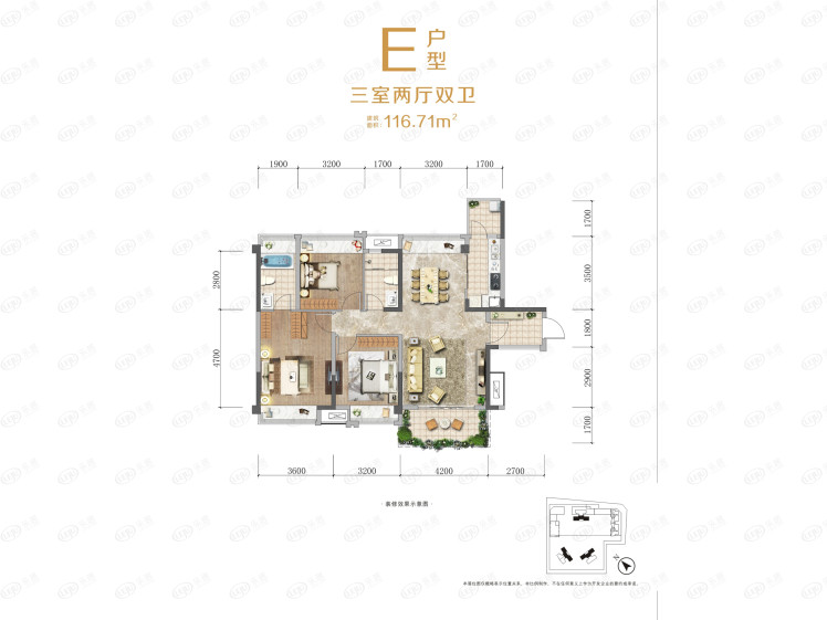 蓉府尚座 E，3室2厅2卫，约116.71平米（建筑）