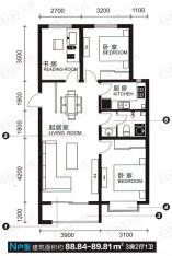 梦想西铁成N户型 三室二厅一卫户型图