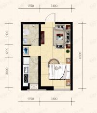 学院1号7#楼P户型一室一厅一卫户型图