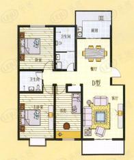 万家花园D户型三室两厅两卫户型图