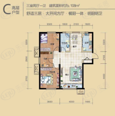 碧桂园海昌天澜3室2厅1卫户型图