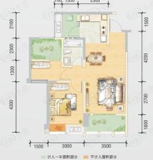 东原城2-B型2房2厅1卫 72平米赠送7.1平米户型图