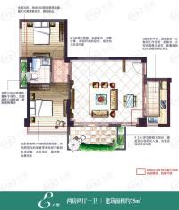 龙岩中骏蓝湾香郡E户型：两房两厅一卫 建筑面积约75㎡户型图