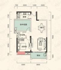 锦地繁花A3新户型1室2厅1卫1厨户型图